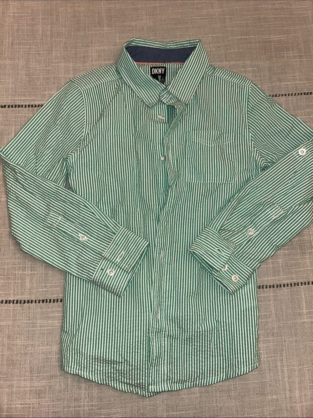 DKNY Green and White Striped Button-Down Shirt